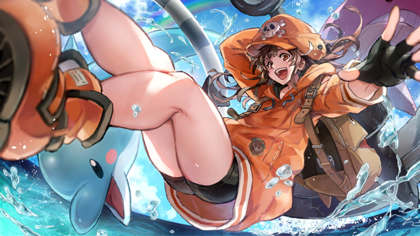 1girl anchor brown_eyes brown_hair dolphin fingerless_gloves floating gloves guilty_gear guilty_gear_strive hat highres hood hoodie may_(guilty_gear) open_mouth orange_hoodie shorts skull_and_crossbones smile