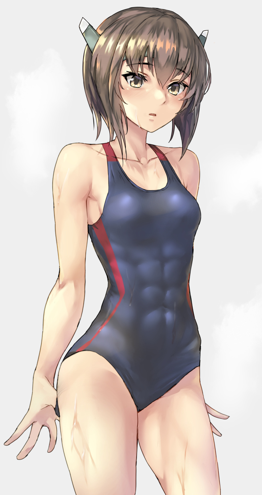 1girl bare_arms bare_legs bare_shoulders black_swimsuit brown_eyes brown_hair collarbone cowboy_shot eyebrows_visible_through_hair grey_background hair_between_eyes headgear highres kantai_collection kokuzou looking_at_viewer one-piece_swimsuit short_hair simple_background solo swimsuit taihou_(kancolle)