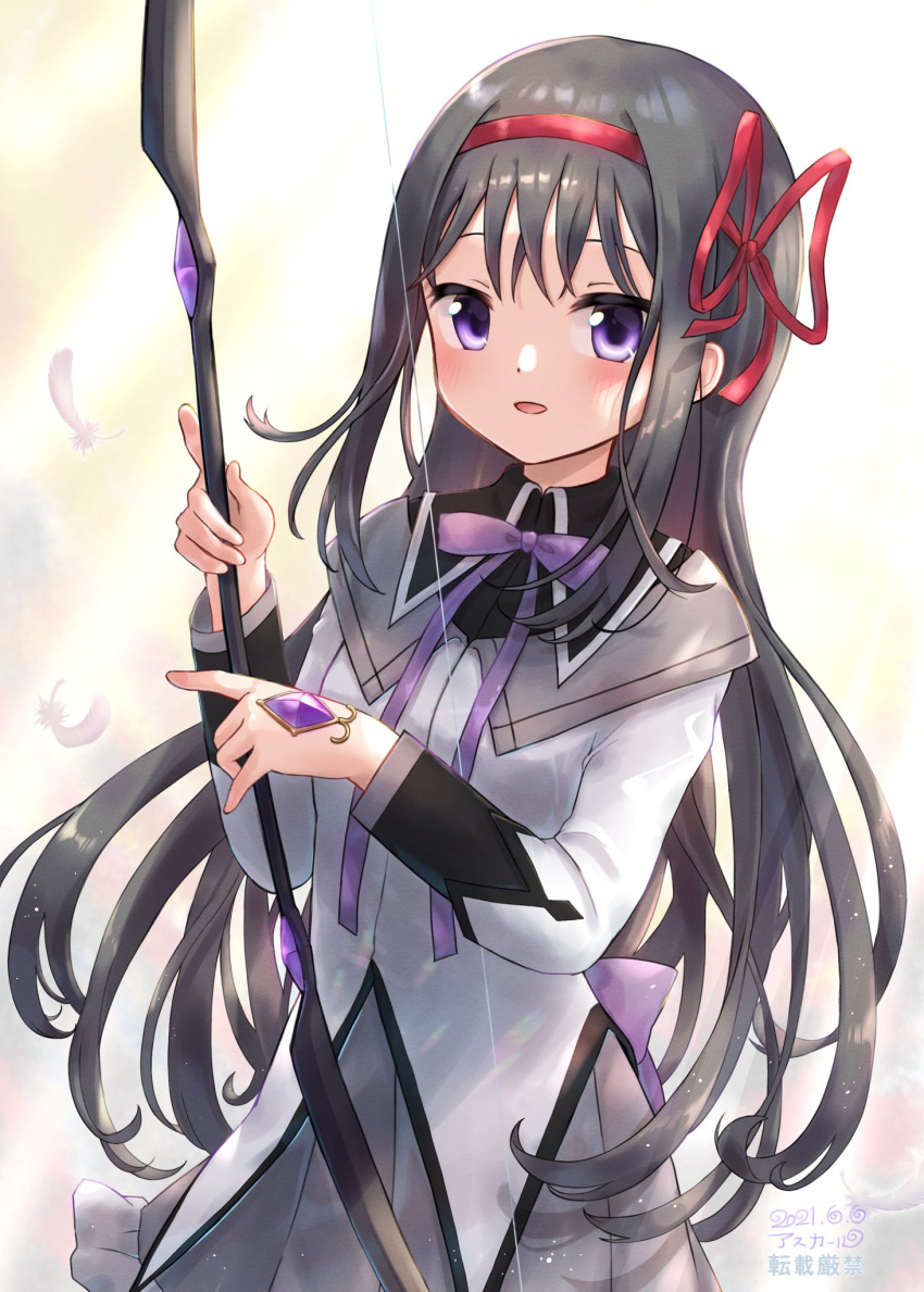 1girl akemi_homura arrow_(projectile) asukaru_(magika_ru) black_hair bow bow_(weapon) hairband highres holding holding_bow_(weapon) holding_weapon long_hair looking_at_viewer magical_girl mahou_shoujo_madoka_magica open_mouth simple_background smile solo violet_eyes weapon