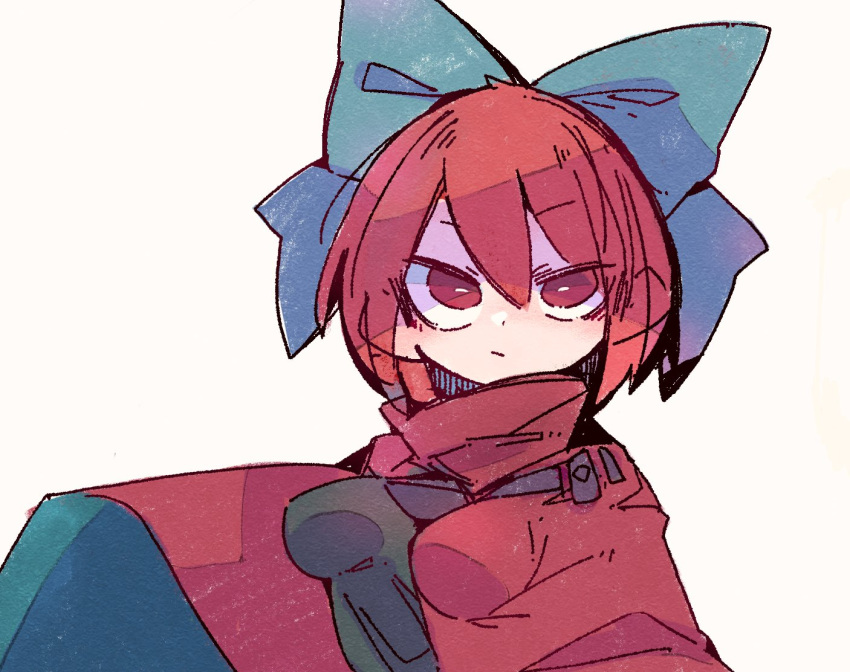 1girl black_shirt blue_bow bow breasts bright_pupils cape hair_bow high_collar impossible_clothes impossible_shirt looking_at_viewer massakasama medium_breasts red_cape red_eyes redhead sekibanki shirt short_hair simple_background solo touhou upper_body