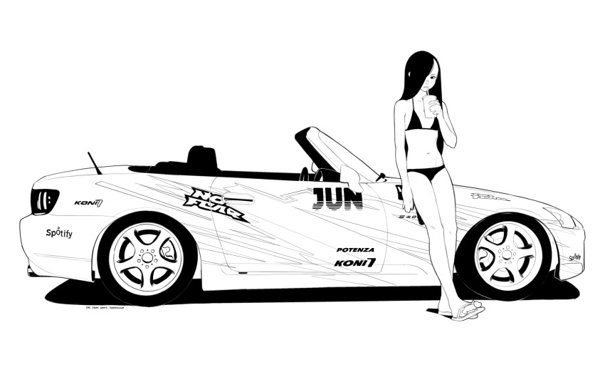 1girl against_vehicle bikini car closed_mouth cup disposable_cup drinking_straw flat_chest greyscale ground_vehicle highres holding holding_cup long_hair looking_at_viewer luimiart monochrome motor_vehicle navel negative_space original sandals simple_background sipping solo swimsuit vehicle_request very_long_hair white_background