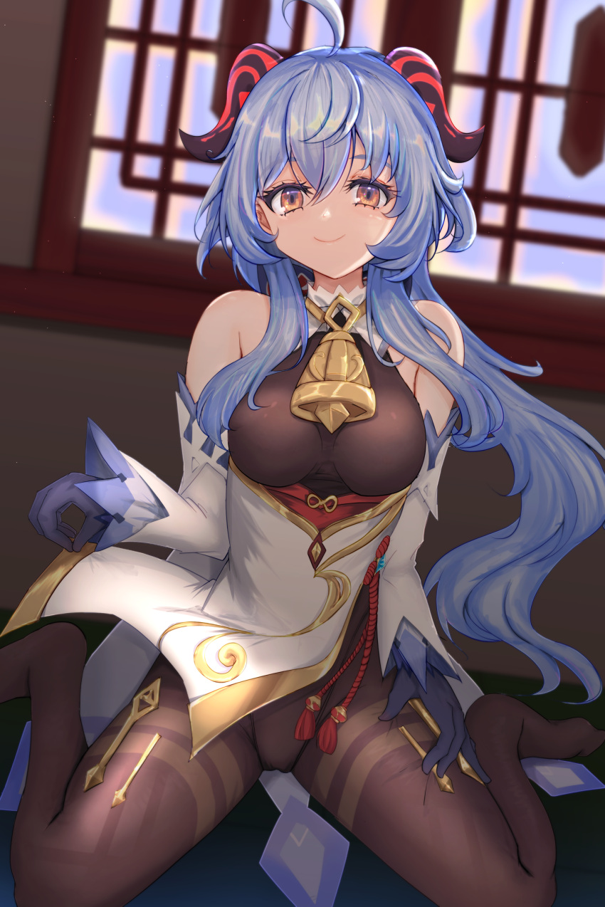 1girl bangs bare_shoulders bell black_horns blue_hair bodice breasts brown_bodysuit closed_mouth curled_horns detached_sleeves dress ganyu_(genshin_impact) genshin_impact gloves goat_horns highres horns indoors long_hair looking_at_viewer multicolored_horns neck_bell red_horns sitting smile solo toketa-sekai white_dress