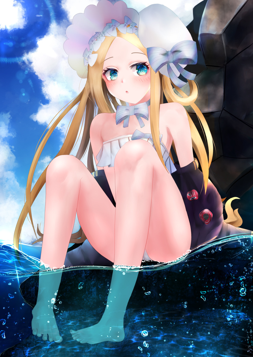 1girl abigail_williams_(fate) abigail_williams_(swimsuit_foreigner)_(fate) bangs bare_shoulders bikini black_jacket blonde_hair blue_eyes blue_sky blush bonnet bow breasts fate/grand_order fate_(series) forehead hair_bow hair_rings highres jacket legs long_hair looking_at_viewer miniskirt ocean off_shoulder open_clothes open_jacket open_mouth parted_bangs rock shirosaki_(nanokait) sidelocks sitting skirt sky small_breasts solo swimsuit twintails very_long_hair white_bikini white_bow white_headwear