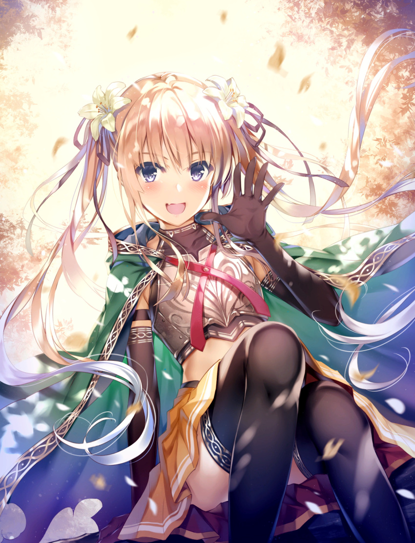 1girl absurdres arm_support armor bangs black_gloves black_legwear blonde_hair blue_eyes blush breastplate cape commentary_request covered_collarbone elbow_gloves fang gloves green_cape hair_ornament hand_up highres long_hair looking_at_viewer midriff misaki_kurehito official_art open_mouth petals saenai_heroine_no_sodatekata sawamura_spencer_eriri simple_background sitting skin_fang skirt smile solo thigh-highs tied_hair twintails yellow_skirt