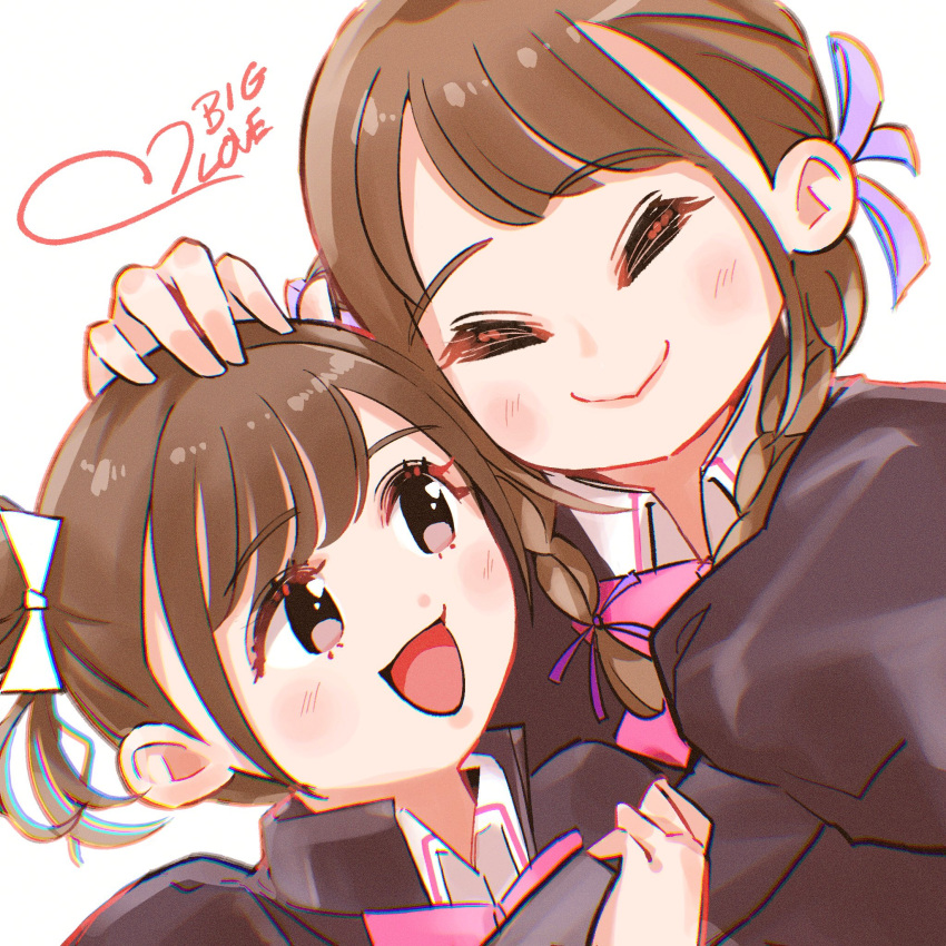 2girls :d assault_lily bangs blush bow bowtie braid brown_eyes brown_hair chromatic_aberration closed_eyes closed_mouth collared_shirt commentary cosplay fukuyama_jeanne_sachie fukuyama_jeanne_sachie_(cosplay) hair_bow hair_bun hair_ribbon hand_on_another's_arm hand_on_another's_head hand_up heads_together heart highres hug juliet_sleeves kishimoto_lucia_raimu kishimoto_lucia_raimu_(cosplay) long_hair long_sleeves looking_at_another looking_to_the_side low_twin_braids low_twintails ludvico_private_girls'_academy_school_uniform miyase_reina multiple_girls nakamura_yukari_(voice_actor) open_mouth pink_bow pink_bowtie puffy_sleeves purple_ribbon real_life ribbon school_uniform shirt short_hair sideways_glance simple_background smile swept_bangs twin_braids twintails upper_body voice_actor voice_actor_connection white_background white_bow white_shirt yukichi_(meichi227)