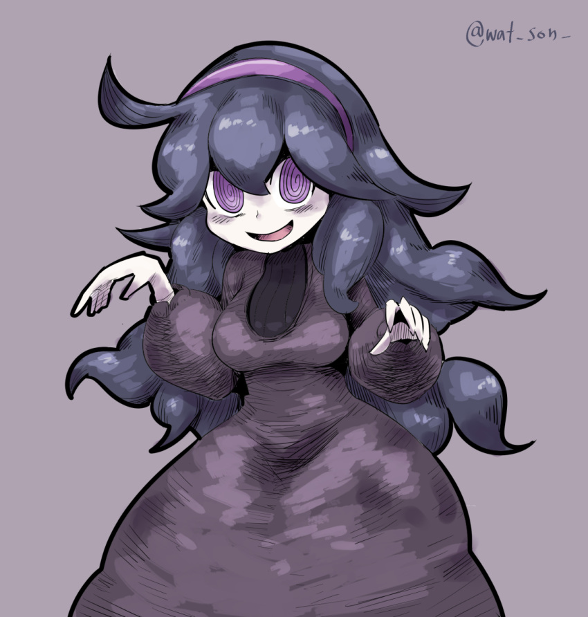 1girl @_@ artist_name bags_under_eyes bangs breasts brown_background chichibu_(chichichibu) commentary_request dress hair_between_eyes hairband hex_maniac_(pokemon) long_dress long_hair long_sleeves looking_at_viewer medium_breasts messy_hair open_mouth pokemon purple_hair purple_hairband simple_background smile solo violet_eyes