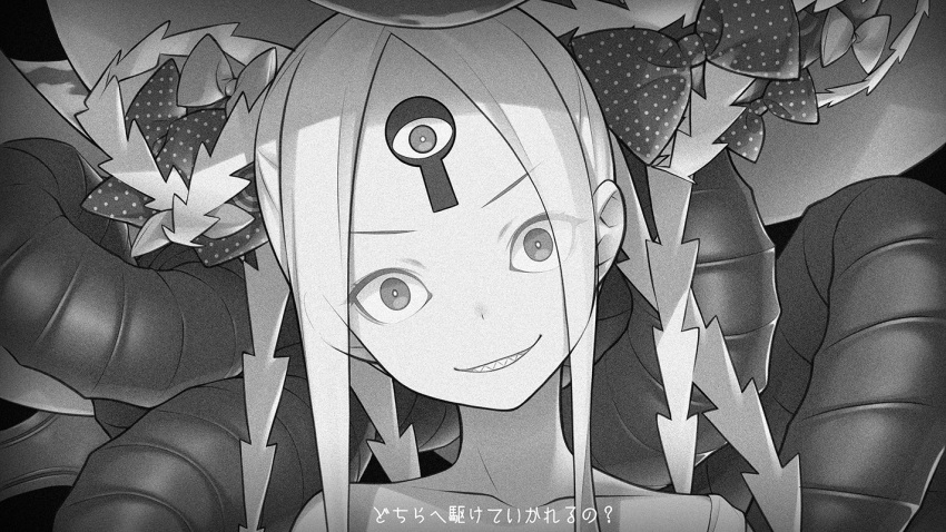 1girl abigail_williams_(fate) abigail_williams_(swimsuit_foreigner)_(fate) bow commentary_request corruption crazy_eyes fate/grand_order fate_(series) forehead greyscale hair_bow hashimoto_takashi headwear keyhole looking_at_viewer monochrome pale_skin polka_dot polka_dot_bow sharp_teeth solo teeth translation_request
