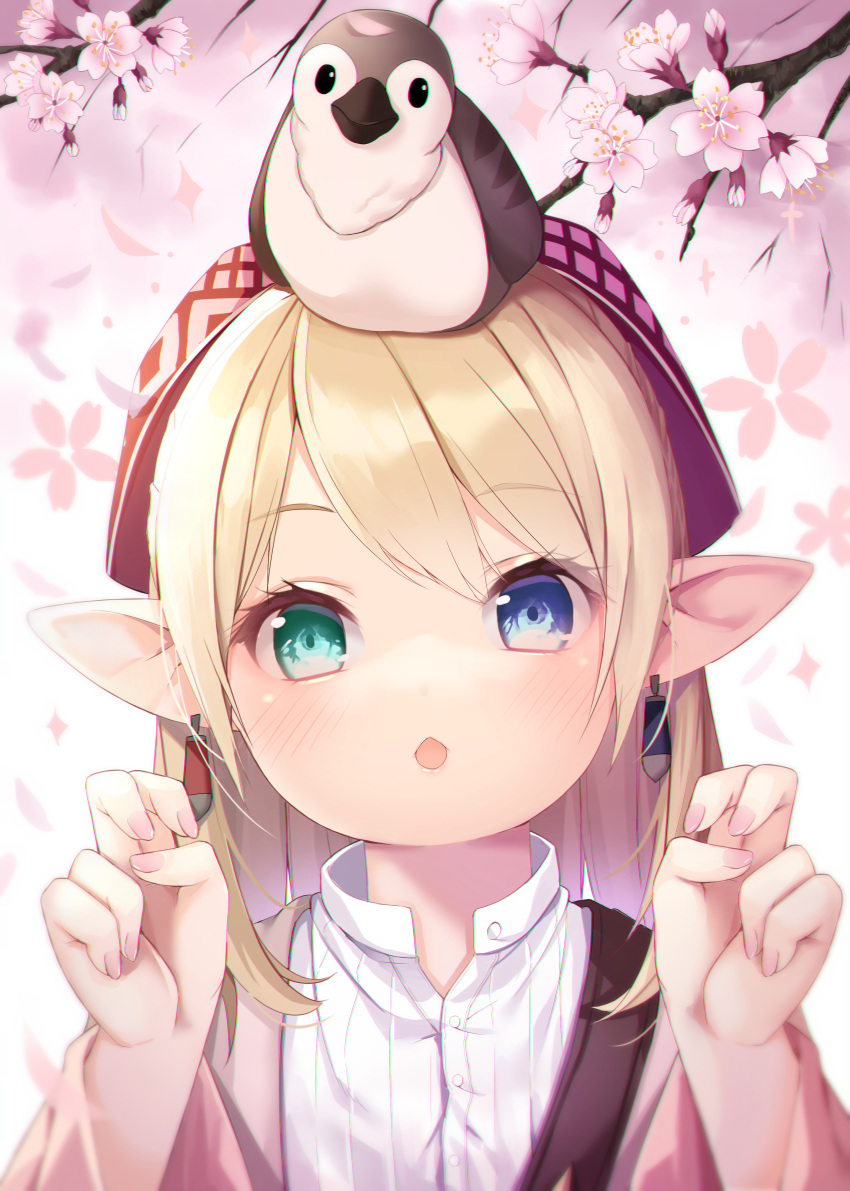 1girl absurdres amahara_pekozaemon animal_on_head bird blonde_hair blue_eyes blush collared_shirt dress_shirt earrings final_fantasy final_fantasy_xiv flower green_eyes hands_up heterochromia highres jacket jewelry lalafell long_hair long_sleeves looking_at_viewer nail_polish on_head open_clothes open_jacket parted_lips pink_flower pink_jacket pink_nails pointy_ears shirt solo tree_branch white_shirt wide_sleeves