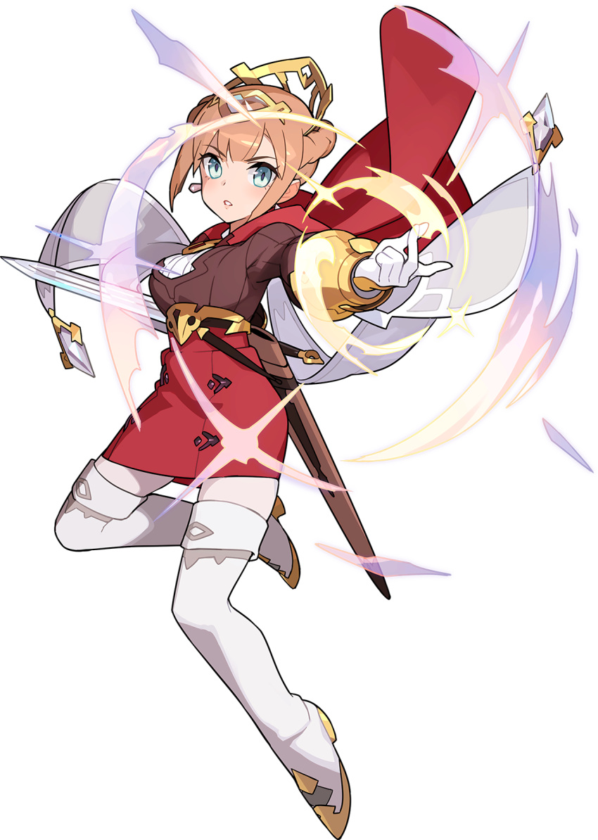 1girl arm_up artist_request aura bangs belt blue_eyes blush boots braid breasts brown_shirt cape crown_braid crystal earrings full_body gloves gold gold_trim high-waist_skirt highres holding holding_sword holding_weapon jewelry jumping leg_up light_blush lilith_(world_flipper) long_sleeves looking_at_viewer medium_breasts miniskirt non-web_source official_art outstretched_arms pantyhose parted_lips pencil_skirt red_cape red_skirt sheath shiny shiny_hair shirt shirt_tucked_in sidelocks single_braid single_earring skirt snapping_fingers solo sword teeth thigh-highs thigh_boots tiara transparent transparent_background v-shaped_eyebrows vambraces weapon white_footwear white_gloves white_legwear world_flipper yellow_headwear