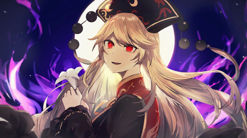 1girl aura bangs black_sash chinese_clothes crescent crying crying_with_eyes_open dress energy flower headdress highres holding holding_flower ikasoba junko_(touhou) junko_day lily_(flower) long_dress long_hair looking_at_viewer open_mouth red_eyes sash smile solo streaming_tears tabard tears touhou white_flower wide_sleeves