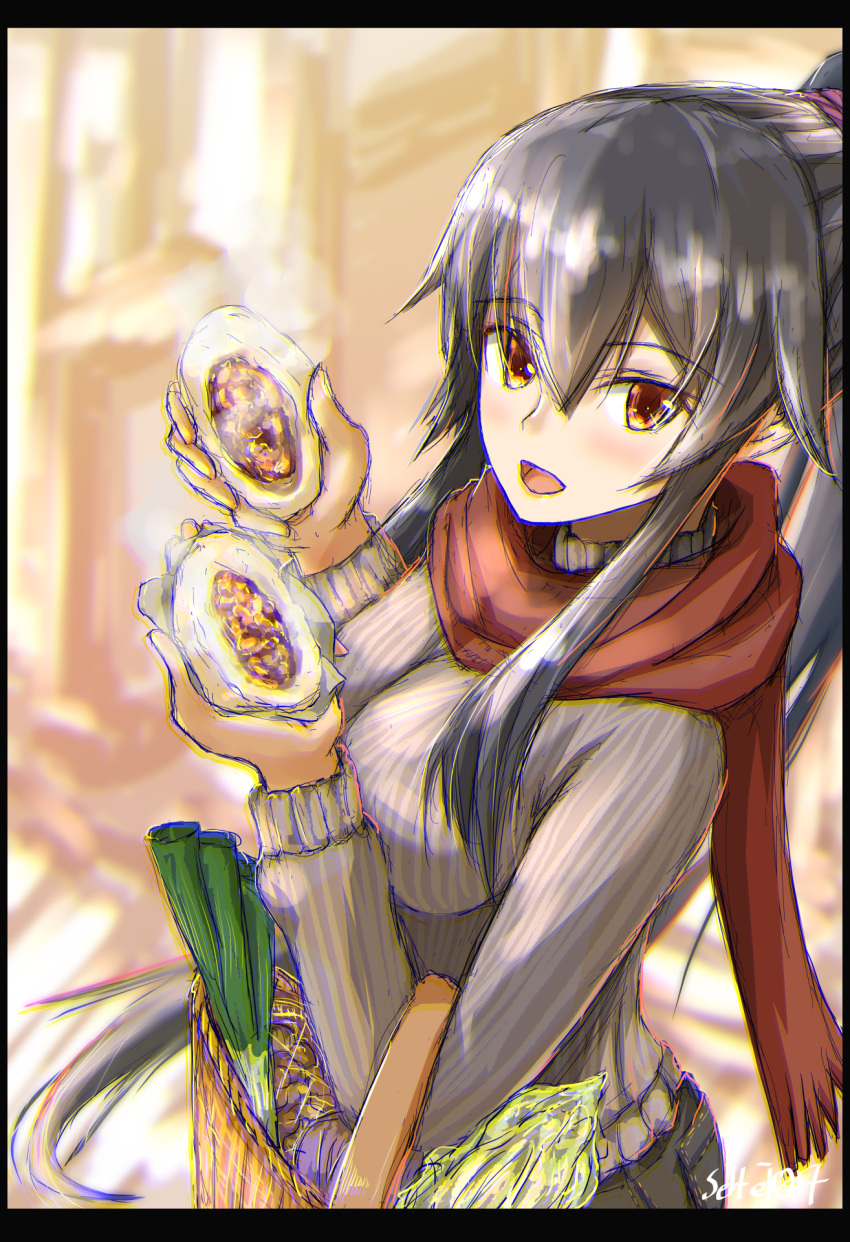 1girl alternate_costume bag bangs baozi black_hair border breasts commentary_request eyebrows_visible_through_hair food hair_between_eyes hairband highres kantai_collection long_hair looking_at_viewer open_mouth ponytail red_scarf ribbed_sweater scarf seitei_(04seitei) shopping_bag sketch solo sweater yahagi_(kancolle)