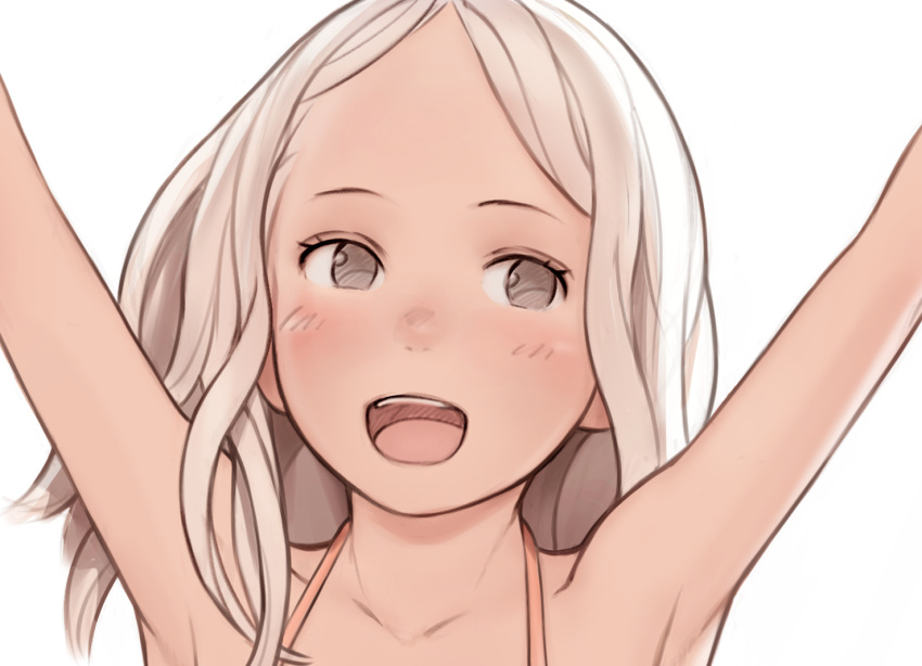 1girl :d grey_eyes halterneck hands_up long_hair looking_at_viewer luimiart open_mouth original portrait simple_background smile solo upper_teeth white_background white_hair