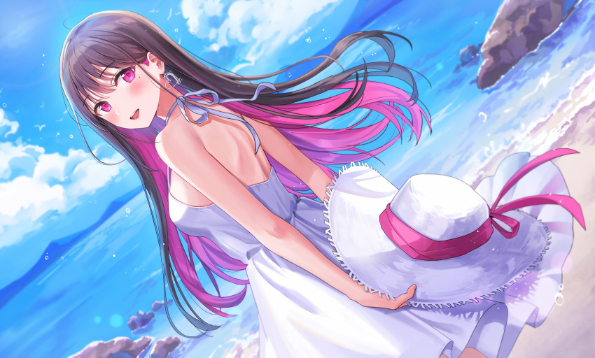 1girl bangs beach black_hair blue_sky blush breasts colored_inner_hair day dress dutch_angle earrings eyebrows_visible_through_hair hat hat_removed headwear_removed heart heart_earrings highres jewelry looking_at_viewer looking_back medium_breasts mole mole_under_eye mountainous_horizon multicolored_hair open_mouth original outdoors pink_eyes pink_hair rangu sky solo two-tone_hair white_dress