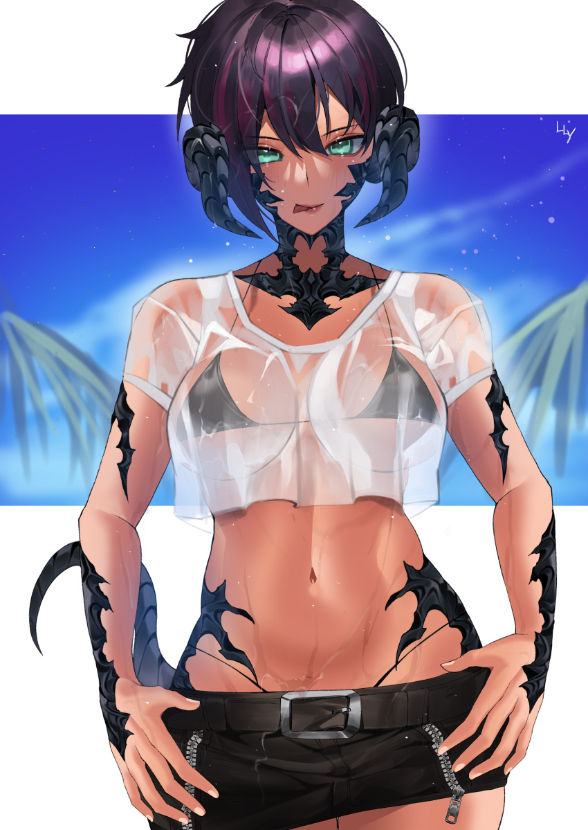1girl absurdres au_ra bangs belt bikini black_bikini black_hair breasts commission cropped_shirt dark-skinned_female dark_skin dragon_horns dragon_tail final_fantasy final_fantasy_xiv green_eyes highres horns large_breasts licking_lips lilycious looking_at_viewer miniskirt multicolored_hair navel scales see-through short_hair skirt solo streaked_hair swimsuit tail tongue tongue_out two-tone_hair wet wet_clothes zipper zipper_pull_tab