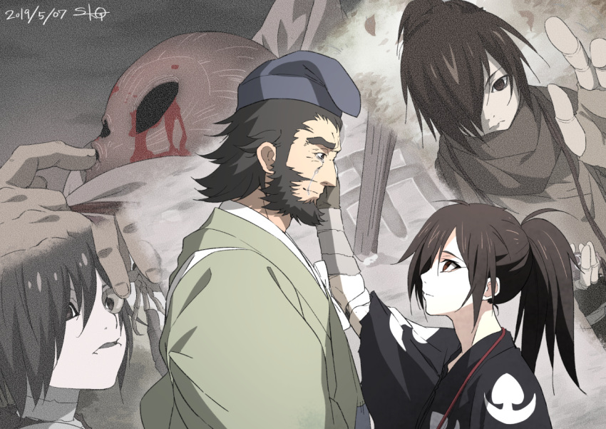 2boys age_progression beard black_eyes black_hair blood blue_headwear crying dated dororo_(tezuka) eye_contact facial_hair hand_on_another's_cheek hand_on_another's_face hyakkimaru_(dororo) japanese_clothes jukai_(dororo) kimono long_hair looking_at_another multiple_boys ponytail profile prosthesis prosthetic_arm suzukou thick_eyebrows younger