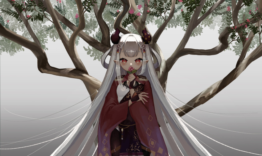 1girl absurdres asymmetrical_clothes backlighting blush commentary_request cowboy_shot epaulettes flower fuuru14 hair_ornament highres holding holding_flower horns japanese_clothes kimono long_hair long_sleeves looking_at_viewer naraka_(nijisanji) nijisanji oni pointy_ears red_eyes short_eyebrows silver_hair solo thick_eyebrows tree very_long_hair virtual_youtuber wide_sleeves wrist_guards