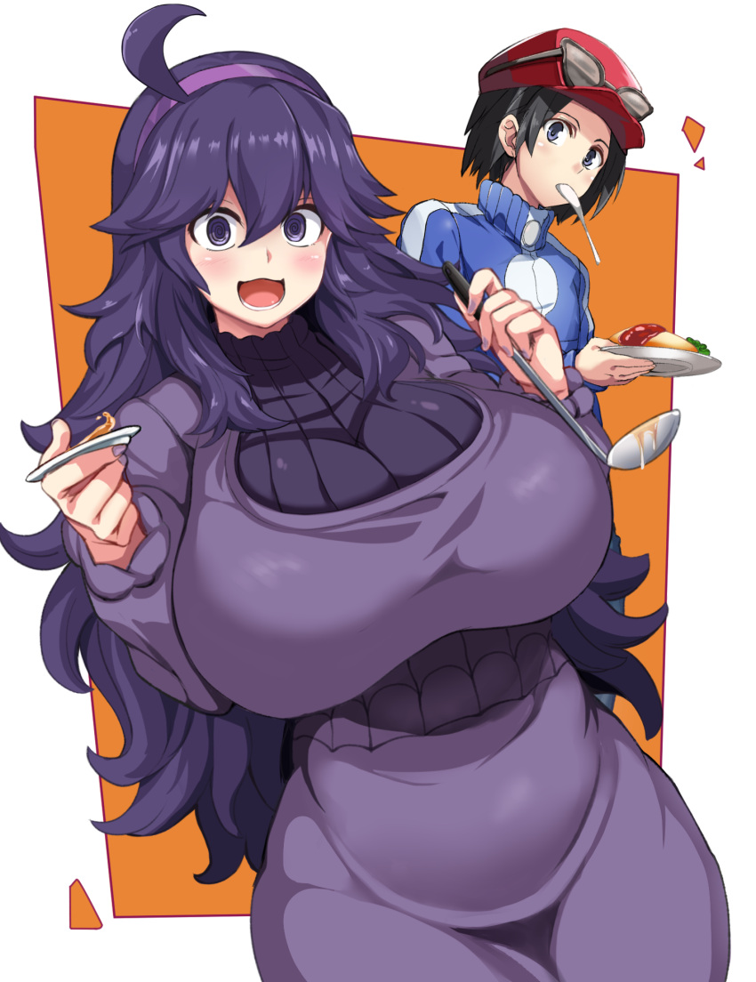 1boy 1girl @_@ ahoge alternate_breast_size bangs baseball_cap behind_another black_hair breasts calem_(pokemon) dress dutch_angle eyewear_on_headwear fingernails food gigantic_breasts hair_between_eyes hairband hands_up hat hex_maniac_(pokemon) highres holding huge_breasts jacket long_hair long_sleeves looking_at_viewer maki_ikazuya mouth_hold nail_polish npc_trainer open_mouth plate pokemon pokemon_(game) pokemon_xy purple_dress purple_hair purple_hairband purple_nails shiny shiny_hair short_hair smile spoon sunglasses very_long_hair violet_eyes