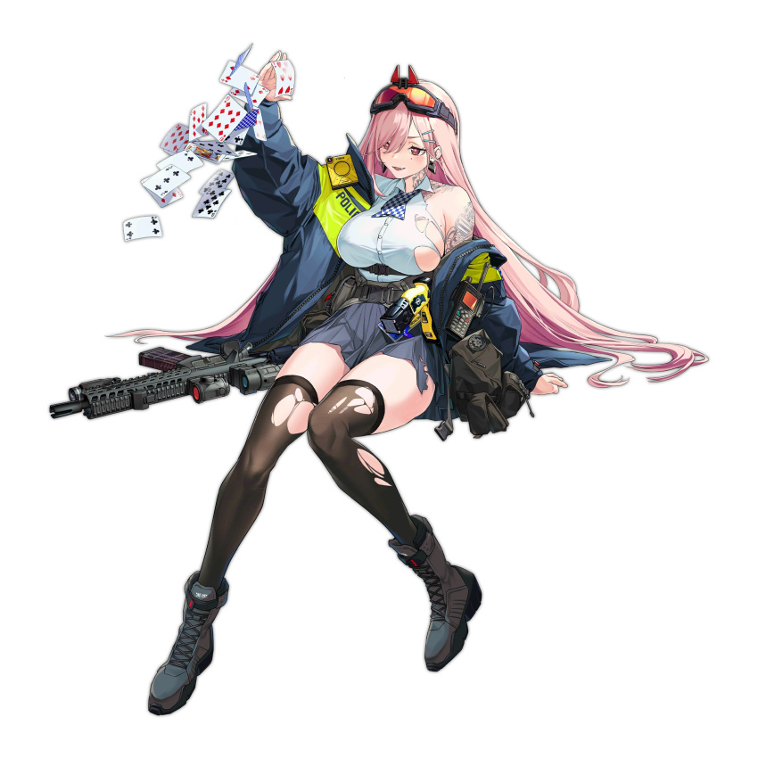1girl arm_tattoo assault_rifle bag bangs belt black_footwear black_legwear blue_jacket blue_skirt blush boots breasts card earrings eyebrows_visible_through_hair eyewear_on_head floor girls_frontline gun hand_on_floor heart heart_earrings highres holding holding_card jacket jewelry large_breasts long_hair looking_away mole mole_on_breast mole_under_eye neck_tattoo official_art open_clothes open_jacket open_mouth pink_hair police police_uniform red_eyes rifle shirt sig_mcx_(girls_frontline) sig_sauer sig_sauer_mcx simple_background sitting sitting_on_floor skirt solo tattoo thigh-highs torn_clothes torn_legwear torn_shirt torn_skirt transparent_background uniform walkie-talkie weapon white_shirt yitiao_er-hua