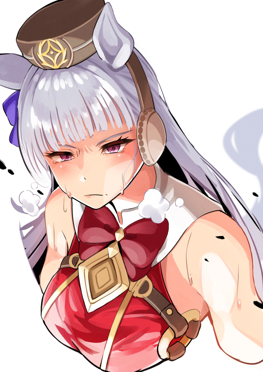 1girl absurdres animal_ears bangs bare_shoulders blue_bow blush bow breasts brown_headwear closed_mouth cropped_torso dress ear_covers eyebrows_behind_hair gold_ship_(umamusume) grey_hair hair_bow hat highres horse_ears huge_filesize large_breasts long_hair mini_hat o-ring otyaduke red_bow red_dress simple_background sleeveless sleeveless_dress solo sweat umamusume upper_body very_long_hair violet_eyes white_background