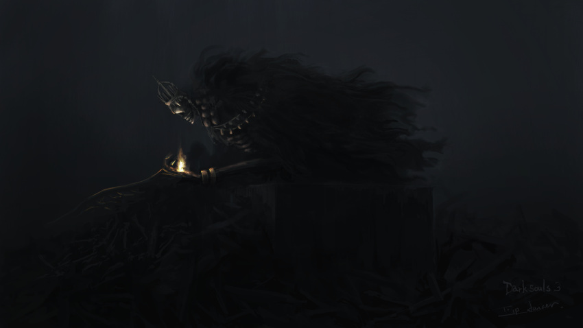 1boy artist_name black_theme character_request check_character cloak crown dark dark_souls_iii fire flame from_side high_lord_wolnir highres sharp_teeth skull solo souls_(series) teeth tripdancer weapon