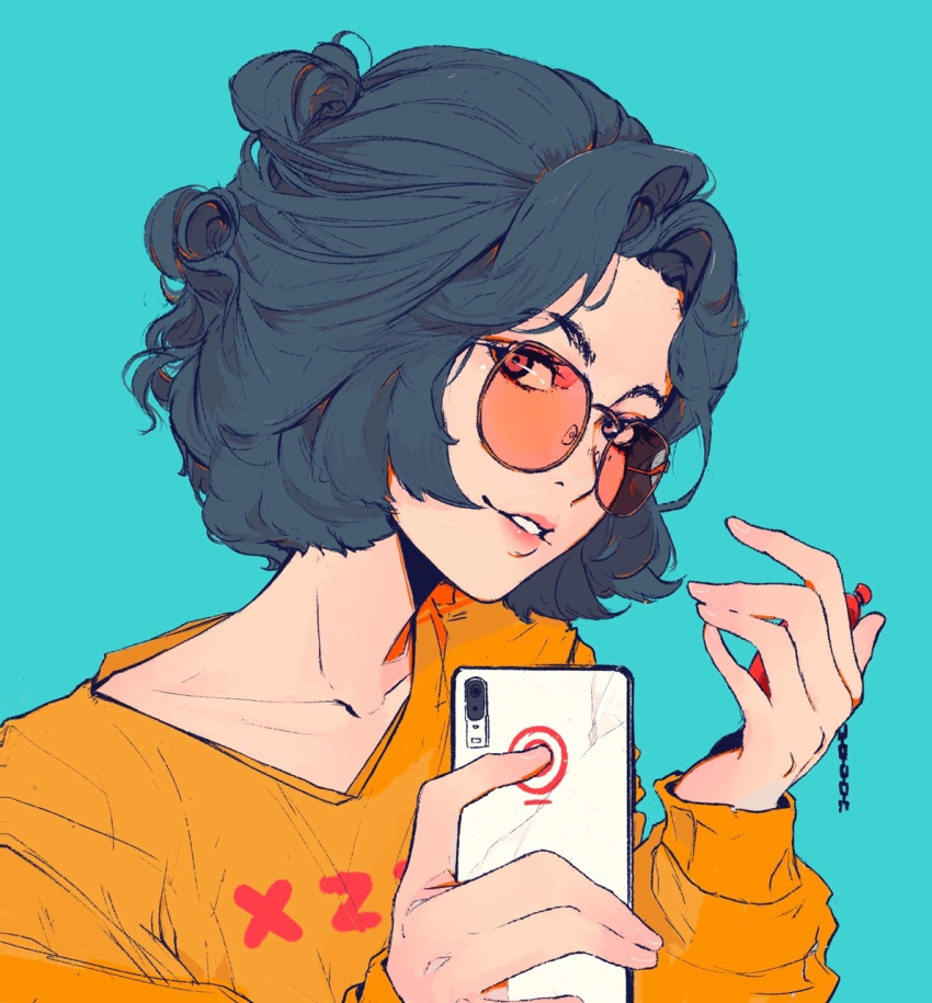 1girl aqua_background bangs black_hair commentary elliemaplefox hands_up highres holding holding_phone looking_at_viewer original parted_bangs parted_lips phone shirt short_hair simple_background smile solo symbol_commentary tinted_eyewear yellow_shirt