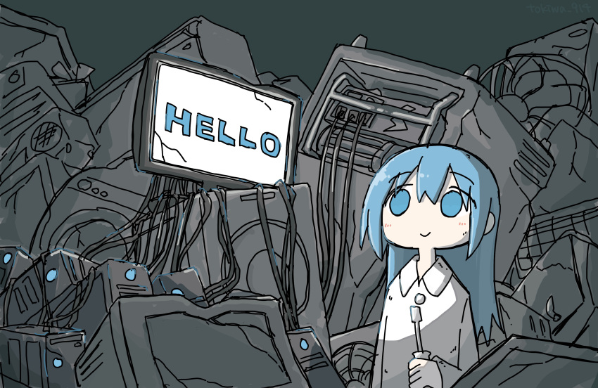 1girl absurdres artist_name blue_eyes blue_hair cable collared_shirt computer crack cracked_glass cracked_screen electric_fan grey_background hair_between_eyes highres holding holding_cable long_hair long_sleeves looking_up monitor original refrigerator shirt sidelocks smile solo speaker tokiwa_(914) washing_machine
