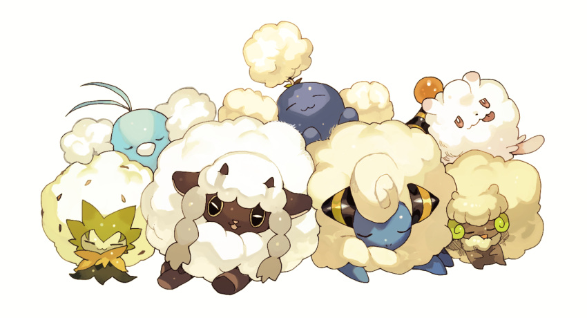 commentary_request eldegoss gen_2_pokemon gen_3_pokemon gen_5_pokemon gen_6_pokemon gen_7_pokemon gen_8_pokemon horns jumpluff mareep newo_(shinra-p) no_humans pink_eyes pokemon pokemon_(creature) sheep sheep_horns sleeping smile swablu swirlix tongue tongue_out whimsicott white_background wooloo