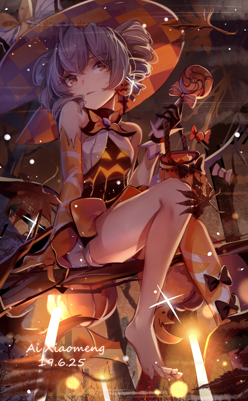 1girl absurdres ai_xiao_meng barefoot bronya_zaychik bronya_zaychik_(snowy_sniper) candy closed_mouth drill_hair earrings food grey_eyes grey_hair hat highres holding holding_food honkai_(series) honkai_impact_3rd in_tree jewelry leaf lollipop looking_afar pumpkin sitting sitting_in_tree socks socks_removed solo toes tree tree_branch twin_drills witch witch_hat