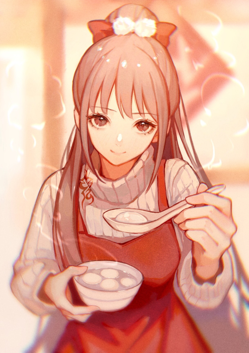 1girl apron blurry blurry_background brown_eyes eyebrows_visible_through_hair guiguqingming hair_bun highres long_hair long_sleeves looking_at_viewer original pink_hair red_apron sidelocks smile solo sweater tagme