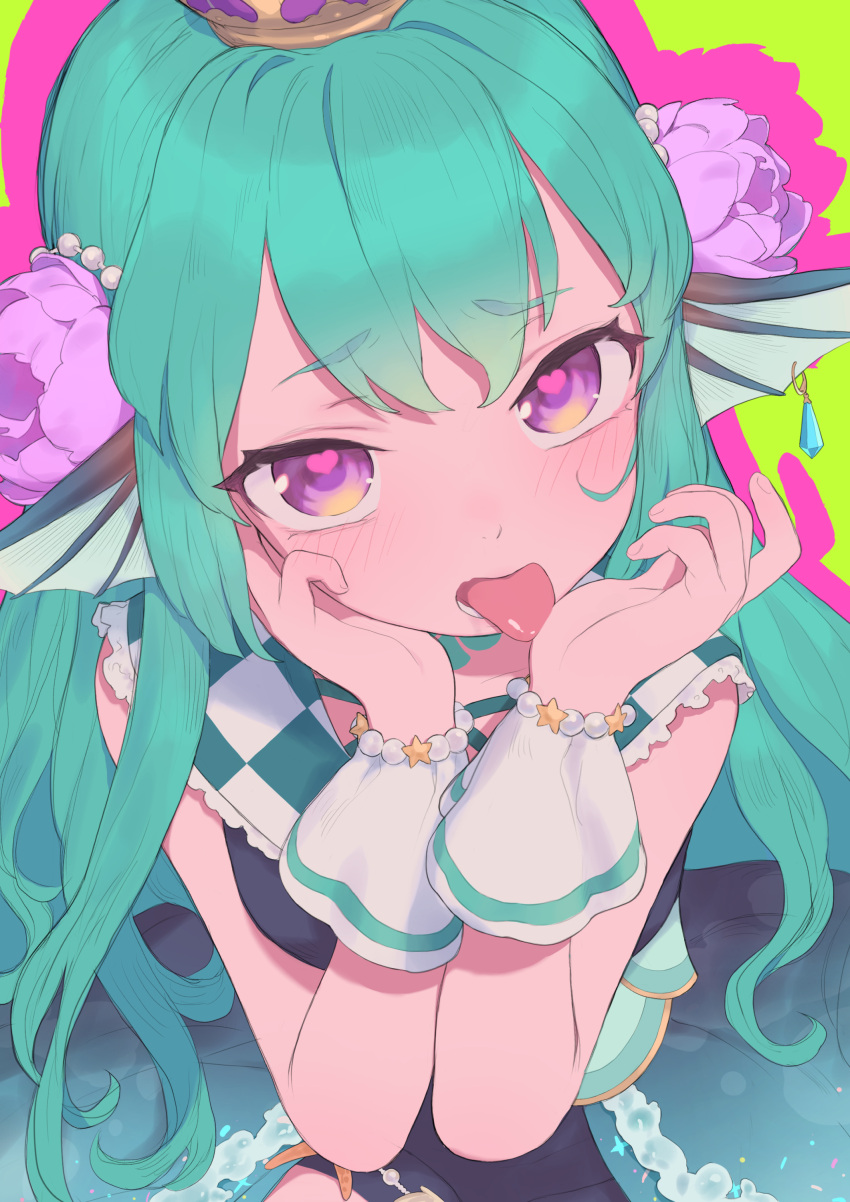 1girl :p absurdres aqua_hair blush commentary crown english_commentary eyebrows_visible_through_hair finana_ryugu flower green_background hair_flower hair_ornament head_fins heart heart-shaped_pupils highres long_hair looking_at_viewer naughty_face nijisanji nijisanji_en open_mouth pumpkinspicelatte solo symbol-shaped_pupils tongue tongue_out upper_body violet_eyes virtual_youtuber wrist_cuffs