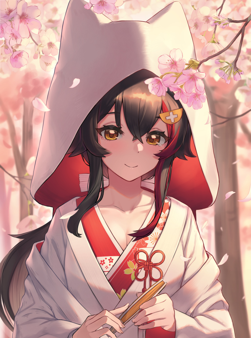 1girl absurdres animal_hood bangs black_hair breasts brown_eyes commentary fan flower hair_between_eyes hair_ornament highres holding holding_fan hololive hood hood_up japanese_clothes kimono long_hair long_sleeves looking_at_viewer multicolored_hair ookami_mio outdoors pink_flower redhead smile solo streaked_hair tearing_up tree upper_body virtual_youtuber white_kimono woogi_(duguddnr)