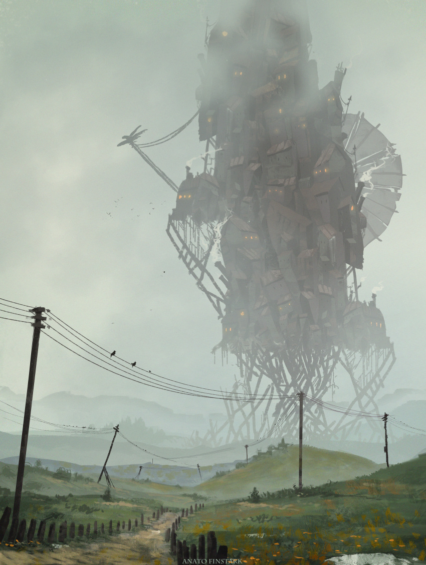 absurdres anato_finnstark artist_name bird day grass grey_sky highres hill huge_filesize no_humans original outdoors power_lines road scenery science_fiction steampunk utility_pole