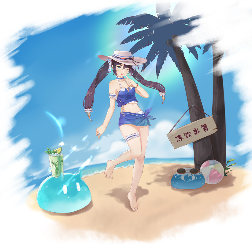 1girl ;p absurdres alternate_costume ball barefoot beach beachball blue_sky choker cup day drink drinking_glass feet full_body genshin_impact hair_ornament hat highres horns looking_at_viewer midriff mona_megistus navel one_eye_closed sarong shirt sign sky slime_(genshin_impact) slime_(substance) solo sunglasses tied_shirt toes tongue tongue_out tropical_drink twintails xiachujin