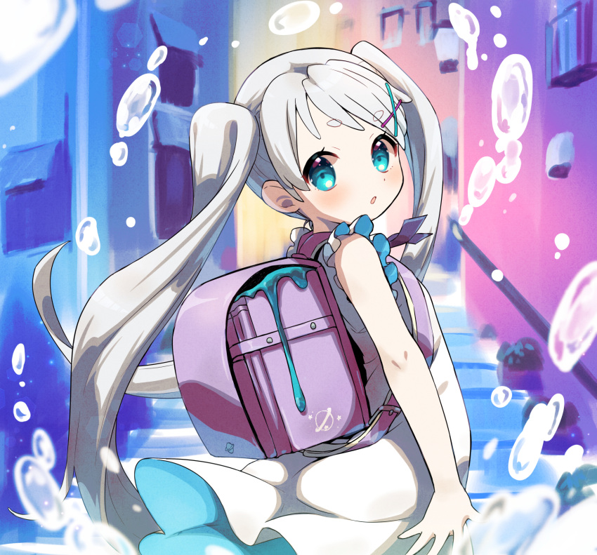 1girl amimi backpack bag blue_eyes dress eyebrows from_behind hair_ornament hairclip highres long_hair looking_back open_mouth original randoseru sleeveless sleeveless_dress slime_(substance) solo sundress twintails very_long_hair white_dress white_hair wind wind_lift