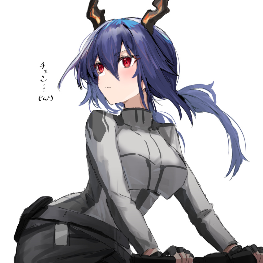 1girl alternate_costume arknights bicycle black_gloves black_pants blue_hair blush ch'en_(arknights) character_name commentary_request dragon_horns fingerless_gloves gloves grey_shirt ground_vehicle hair_between_eyes highres horns long_hair looking_away low_twintails pants raw_egg_lent red_eyes shirt simple_background solo translated twintails white_background