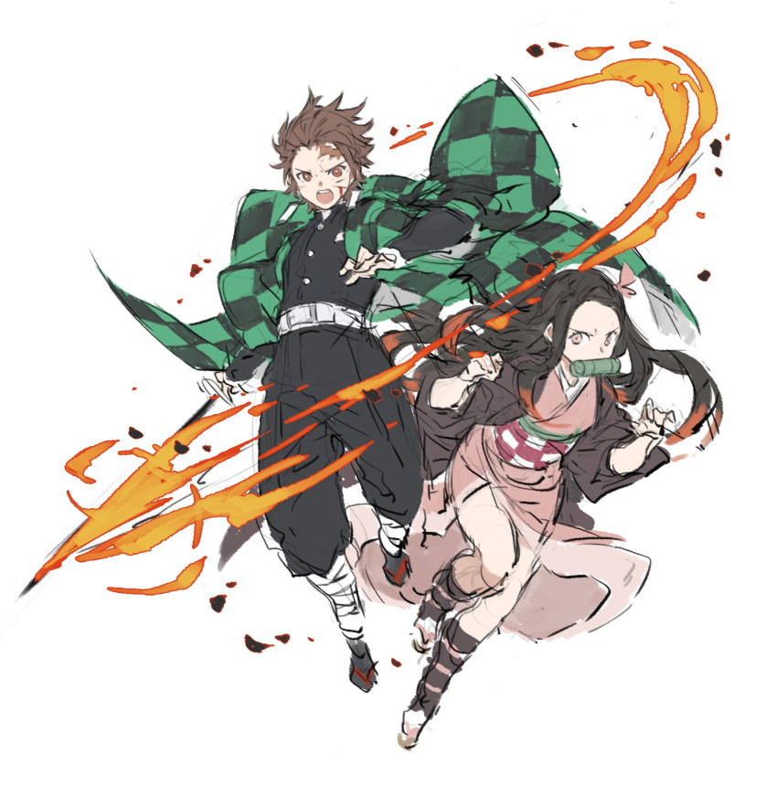 1boy 1girl bandages bangs bit_gag black_hair blood brown_eyes brown_hair checkered checkered_obi cuts fire gag hair_ribbon haori highres holding holding_sword holding_weapon injury japanese_clothes kamado_nezuko kamado_tanjirou kimetsu_no_yaiba kimono long_hair obi open_mouth papajay_(jennygin2) pink_eyes pink_ribbon ribbon sash scar scar_on_forehead simple_background sketch sword weapon white_background