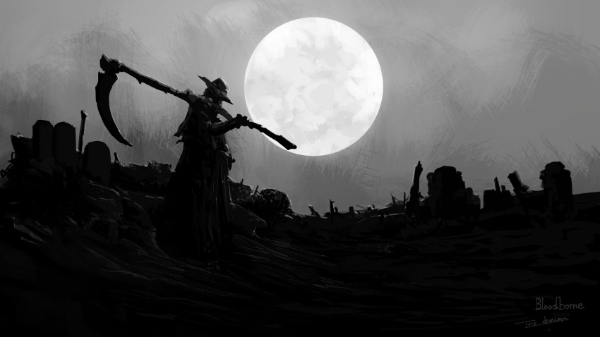 artist_name bloodborne cloak commentary copyright_name from_side full_moon gehrman_the_first_hunter gradient gradient_background grey_background greyscale hat highres holding monochrome moon over_shoulder scythe tricorne tripdancer weapon weapon_over_shoulder
