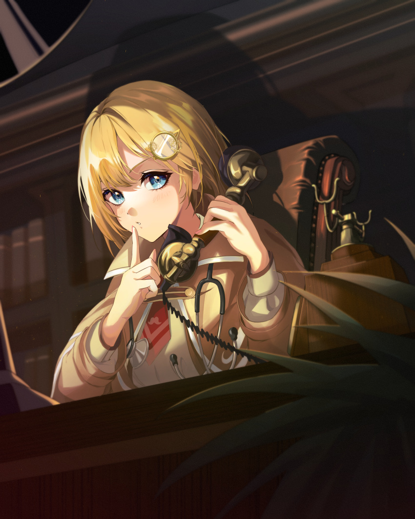 1girl absurdres blonde_hair blue_eyes capelet chair chata_art_008 cloak eyebrows_behind_hair finger_to_mouth hair_ornament highres hololive hololive_english huge_filesize monocle_hair_ornament necktie parted_lips phone rotary_phone shadow shushing sitting stethoscope teeth virtual_youtuber watson_amelia
