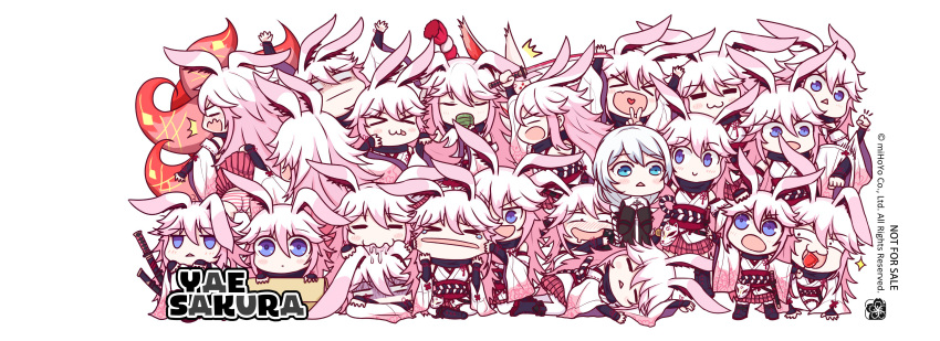 6+girls absurdres angry animal_ears blue_eyes chibi closed_eyes closed_mouth crying drinking eating_hair food fox_ears happy highres holding holding_food holding_weapon honkai_(series) honkai_impact_3rd kallen_kaslana katana long_hair long_sleeves multiple_girls nun official_art open_mouth pink_hair sad sleeping surprised sword violet_eyes weapon white_hair yae_sakura yae_sakura_(gyakushinn_miko)