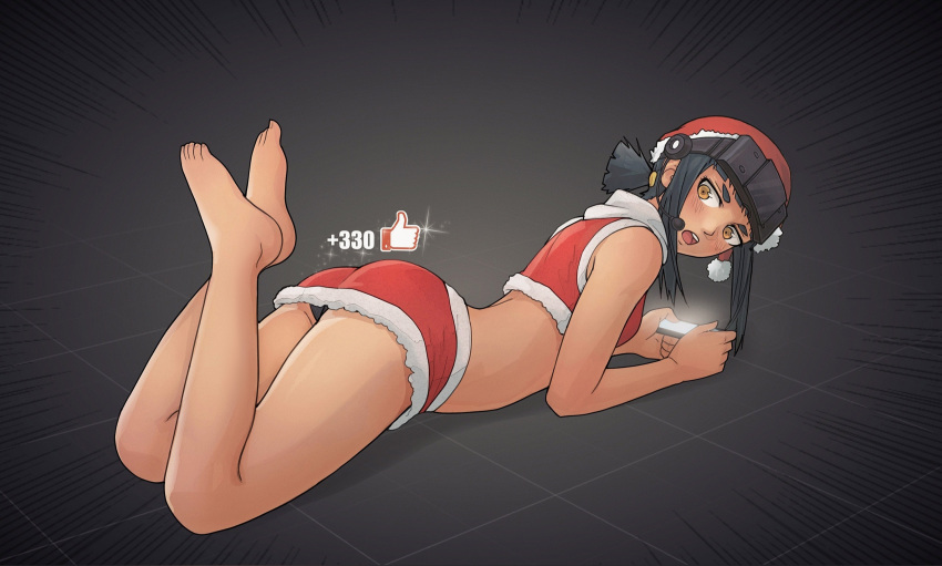 1girl ass bangs bare_arms bare_legs bare_shoulders barefoot black_hair black_panties blush breasts brown_eyes commentary crop_top emphasis_lines feet feet_up from_side full_body fur-trimmed_headwear fur_trim gloomy_(leonzo030) hat head_mounted_display highres holding holding_phone leonzo030 looking_at_viewer looking_back lying number on_ground on_stomach open_mouth original panties phone red_headwear red_skirt santa_hat scarf screen_light short_hair skirt small_breasts solo teeth thumbs_up underwear white_scarf