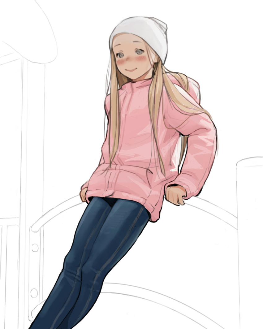 1girl against_railing beanie blue_pants blush closed_mouth crossed_legs denim feet_out_of_frame grey_eyes hat highres hood hood_down hoodie jeans long_sleeves looking_at_viewer luimiart original pants pink_hoodie smile solo standing unfinished_background white_background white_headwear