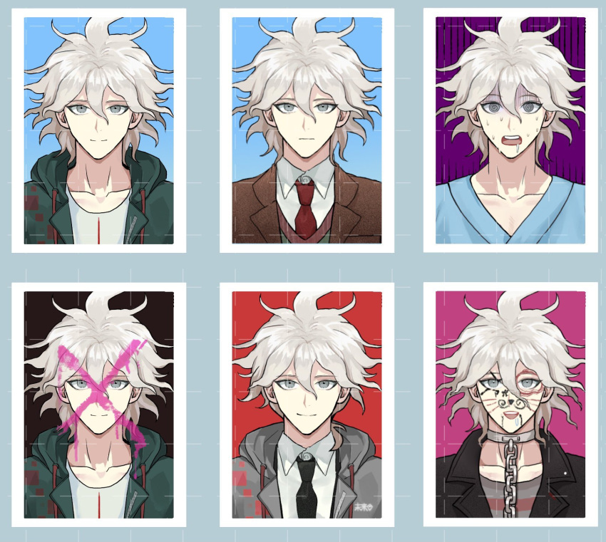 1boy ahoge alternate_hairstyle bangs black_background black_jacket brown_jacket chain chained collar collarbone collared_shirt commentary_request cross dangan_ronpa_(series) dangan_ronpa_2:_goodbye_despair dangan_ronpa_3_(anime) dangan_ronpa_another_episode:_ultra_despair_girls expressionless face grey_hair highres hood hood_down hooded_jacket hope's_peak_academy_school_uniform hospital_gown jacket komaeda_nagito looking_at_viewer male_focus messy_hair metal_collar multiple_views necktie official_alternate_costume open_clothes open_jacket open_mouth pink_background pink_blood purple_background red_background red_neckwear red_shirt school_uniform shaded_face shiny shiny_hair shirt short_hair short_ponytail spoilers striped striped_shirt sweat upper_body white_shirt zhileng_kong_tiao