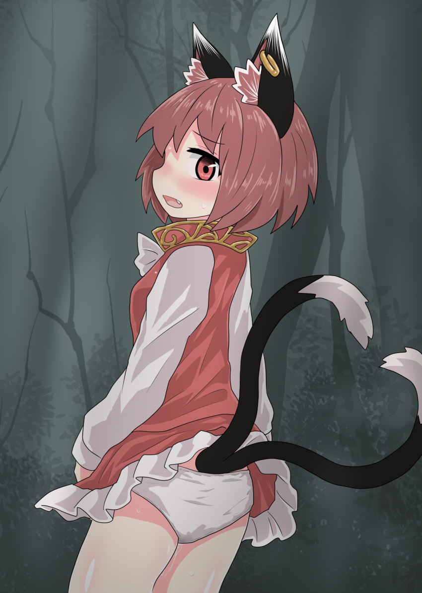 1girl animal_ear_fluff animal_ears ass blush brown_hair cat_ears cat_tail chen chups cowboy_shot dress fang from_side gold_trim heart heart_tail highres multiple_tails nekomata no_hat no_headwear nose_blush open_mouth profile red_dress red_eyes short_hair sideways_glance solo tail touhou two_tails