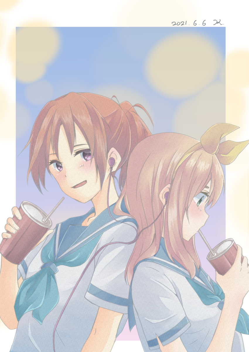 2girls absurdres blonde_hair blue_neckwear blue_sailor_collar blush brown_hair closed_mouth collared_shirt cup dated drinking drinking_straw earphones earphones green_eyes hair_ribbon hibike!_euphonium highres holding holding_cup kero_liu kitauji_high_school_uniform listening_to_music long_hair looking_at_another multiple_girls nakagawa_natsuki neckerchief open_mouth ponytail ribbon sailor_collar school_uniform serafuku shirt smile violet_eyes white_shirt yellow_ribbon yoshikawa_yuuko