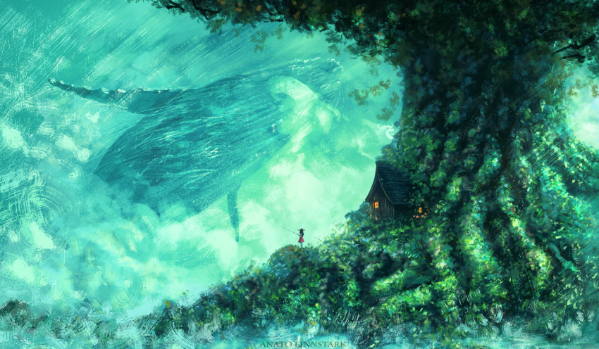 1girl absurdres anato_finnstark artist_name commentary english_commentary fantasy fishing fishing_rod flying_whale giant_tree green_theme hat highres house huge_filesize landscape original outdoors red_skirt skirt solo tree whale wide_shot