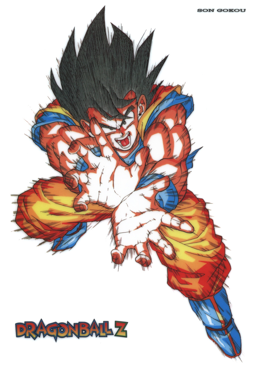 1990s_(style) 1boy absurdres attack black_eyes black_hair blue_footwear boots character_name copyright_name cupping_hands dougi dragon_ball dragon_ball_z fighting_stance floating_hair frown full_body hands highres incoming_attack kamehameha legs_apart light looking_at_viewer male_focus messy_hair muscular official_art open_mouth outstretched_arms retro_artstyle saiyan scan screaming simple_background solo son_goku special_moves speed_lines spiky_hair teeth toriyama_akira white_background wristband