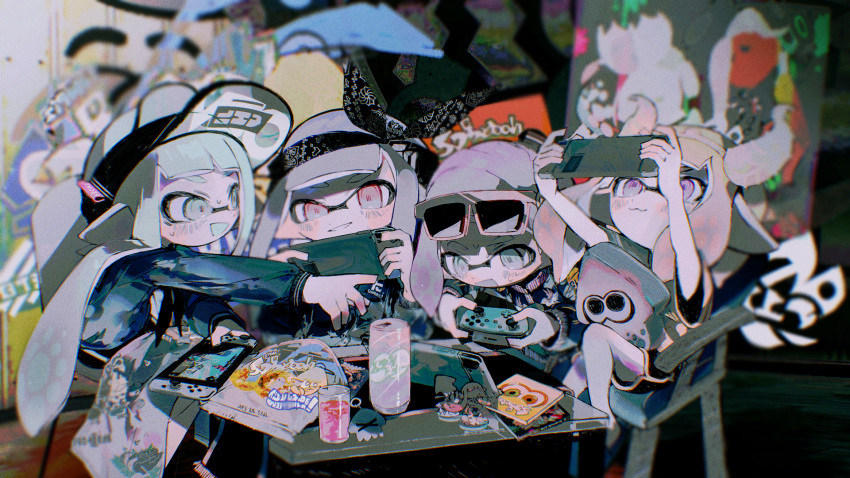 4girls :3 amiibo bag bangs blush can chair closed_mouth controller domino_mask eyewear_on_head food game_controller graffiti handheld_game_console hat head_scarf highres holding holding_handheld_game_console inkling jacket long_hair long_sleeves mask multiple_girls nintendo_switch open_mouth playing_games pointy_ears shirt short_sleeves shorts sitting splatoon_(series) splatoon_2 stuffed_toy sunglasses sweat table tekito_midori tentacle_hair