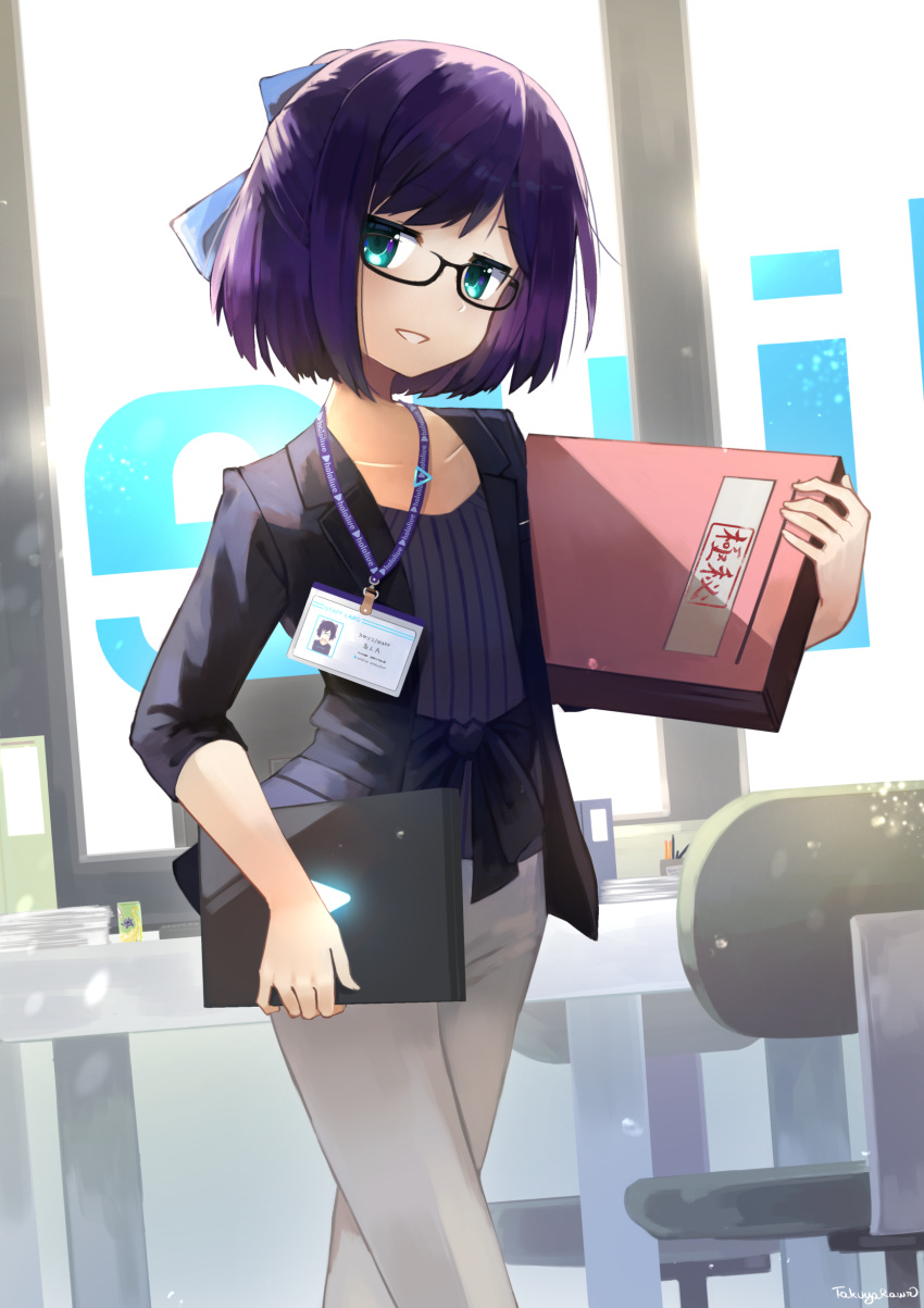 1girl a-chan_(hololive) absurdres aqua_eyes badge black-framed_eyewear black_jacket blue_ribbon chair commentary english_commentary folder glasses hair_ribbon highres holding_folder hololive indoors jacket looking_at_viewer office_chair open_clothes open_jacket pants parted_lips purple_hair ribbon short_hair smile solo takuyarawr translated white_pants