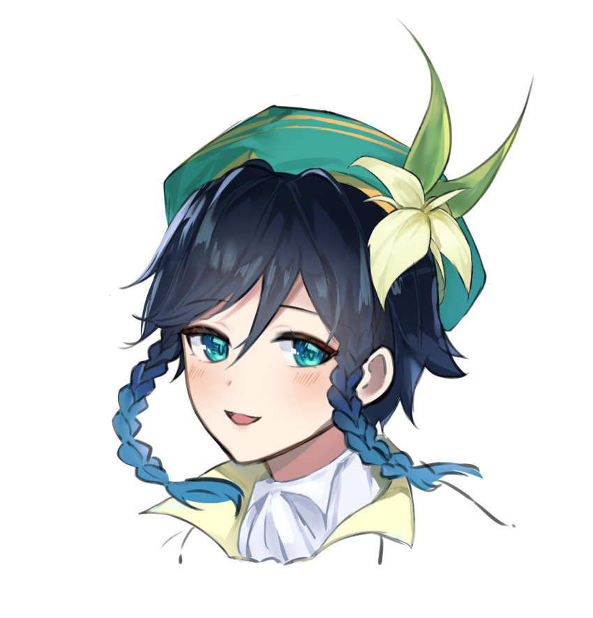 1boy androgynous bangs beret black_hair blue_hair blush braid collared_cape collared_shirt english_commentary eyebrows_visible_through_hair flower genshin_impact gradient_hair green_eyes green_headwear hat hat_flower highres jira_(0116) leaf looking_at_viewer male_focus multicolored_hair open_mouth shirt short_hair_with_long_locks simple_background smile solo twin_braids venti_(genshin_impact) white_background white_flower white_shirt