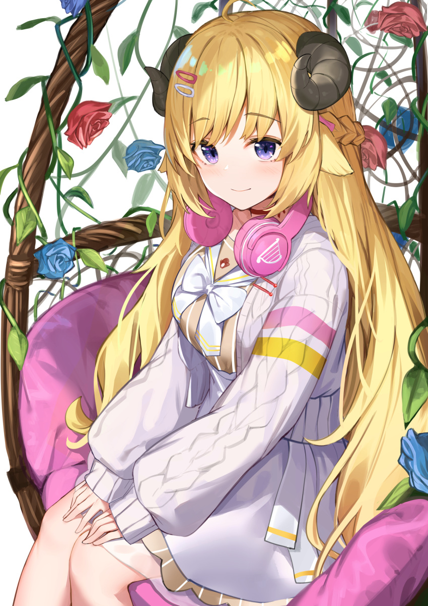 1girl absurdres ahoge animal_ears aran_sweater bangs blonde_hair blue_flower blue_rose bow braid choker closed_mouth commentary curled_horns cushion eyebrows_visible_through_hair flower hair_ornament hairclip hands_on_own_knees headphones headphones_around_neck high-waist_skirt highres hololive horns isaya_(pixiv4541633) leaf legs_together long_hair long_sleeves looking_at_viewer official_alternate_costume plant red_choker red_flower red_rose rose sheep_ears sheep_girl sheep_horns sidelocks sitting skirt sleeves_past_wrists smile solo sweater tsunomaki_watame vines violet_eyes virtual_youtuber white_bow white_neckwear white_skirt white_sweater